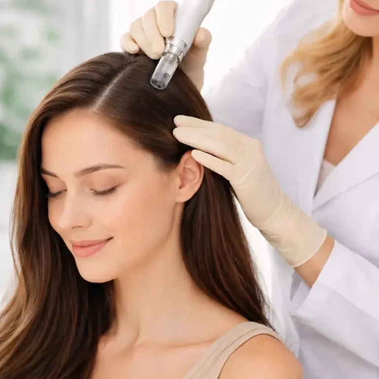 donna che esegue il trattamento prp ai capelli