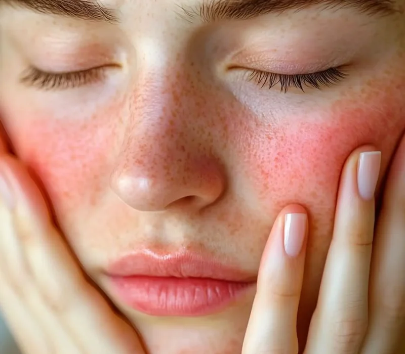 Donna con evidente rosacea sul viso